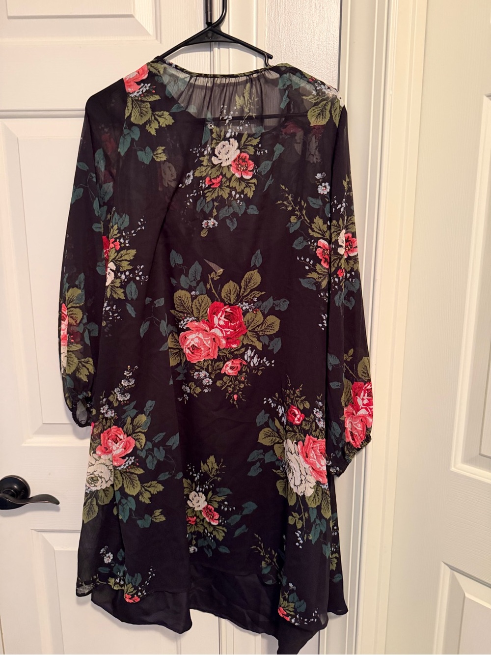 LOFT Black Long Sleeve Floral Midi Dress with Pink Rose Print